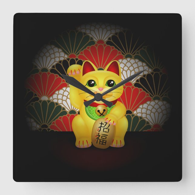 Horloge Carrée Maneki en céramique jaune Neko (Recto)