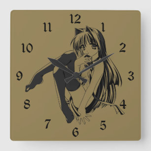 Horloge Carrée Manga, Neko Catgirl Furry Kawaii Loli