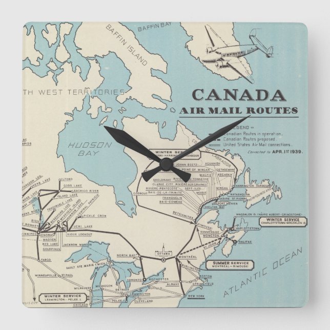 Horloge Carrée Map of Canada - Routes aériennes du Canada (Recto)