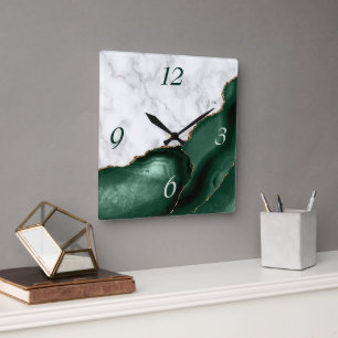 Horloge Carrée Marbre Blanc Agate Vert Emeraude Paillettes Dorées