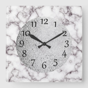 Horloge Carrée Marbre blanc élégant et gris avec argent