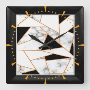 Horloge Carrée Marbre blanc Géométrique en or, noir