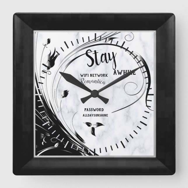 Horloge Carrée Marbre blanc, Graphique en fibre noire (Recto)