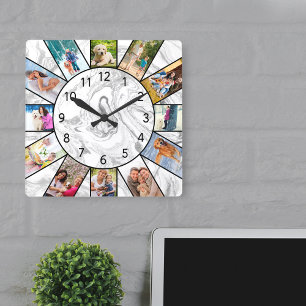 Horloge Carrée Marbre blanc gris de 12 photos personnalisées