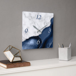 Horloge Carrée Marbre blanc Marine Blue Agate Parties scintillant