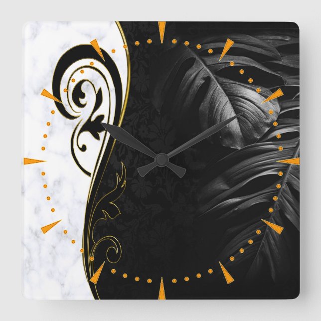 Horloge Carrée Marbre blanc, Noir, Filigree Or Graphique (Recto)