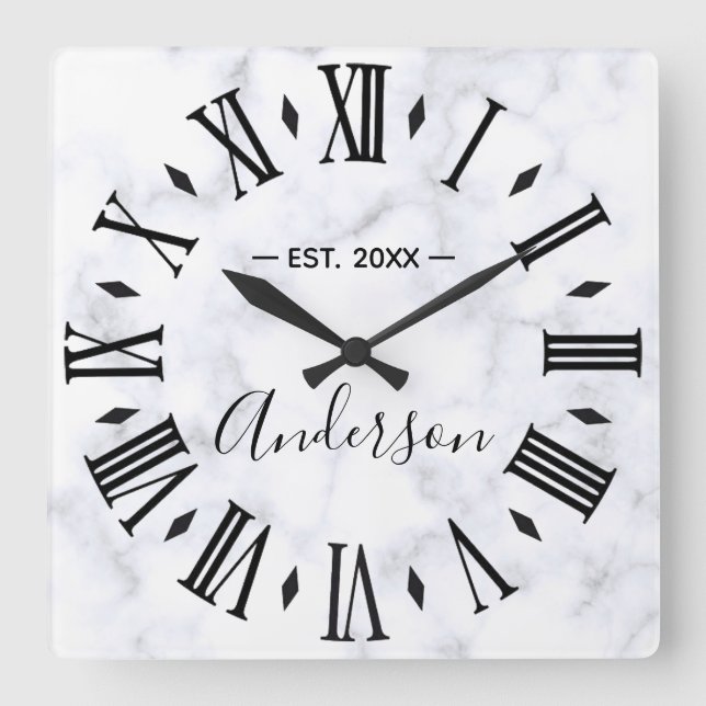 Horloge Carrée Marbre Blanc Personnalisé Élégant (Recto)