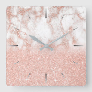 Horloge Carrée Marbre de parties scintillant or rose en cuivre à