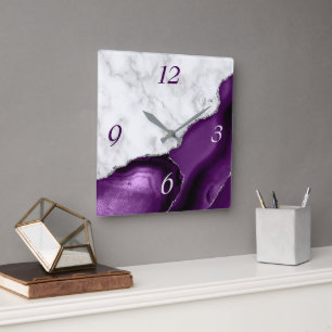 Horloge Carrée Marbre élégant à paillettes d'argent et agate viol