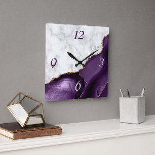 Horloge Carrée Marbre élégant à paillettes d'or et agate violette