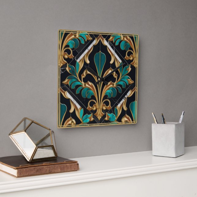 Horloge Carrée Marbre floral de luxe en pierre de Malachite Art d (Bureau)