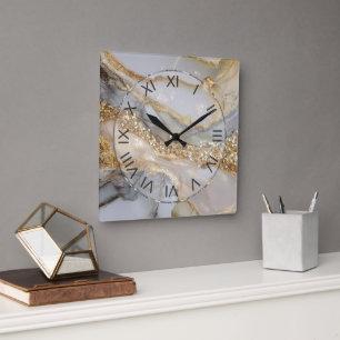 Horloge Carrée Marbre fluide or et blanc de luxe