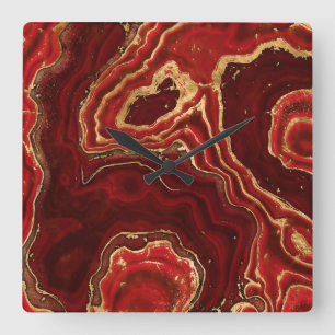 Horloge Carrée Marbre liquide rouge et or Abstrait