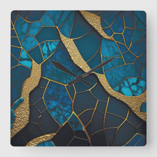 Horloge Carrée Marbre mosaïque bleu cobalt avec veines à incrusta