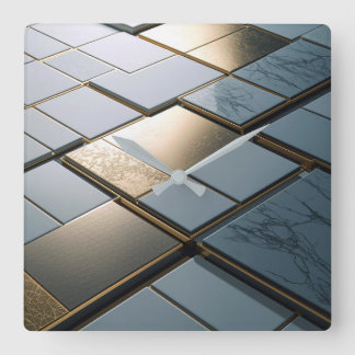 Horloge Carrée Marbre Or Carreaux Luxe Géométrie