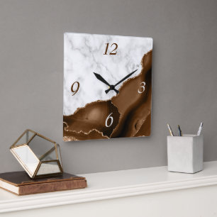 Horloge Carrée Marbre pailleté or brun moka agate élégant