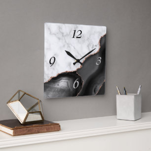 Horloge Carrée Marbre Pailleté Or Rose Agate Noir Élégant