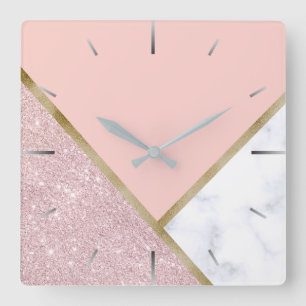 Horloge Carrée Marbre rose géométrique élégant de blanc de