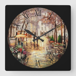 Horloge Carrée Marcher dans la pluie Fine Art Roman Numeral