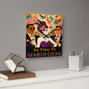 Horloge Carrée Mardi Gras Cocktail Party du milieu du siècle