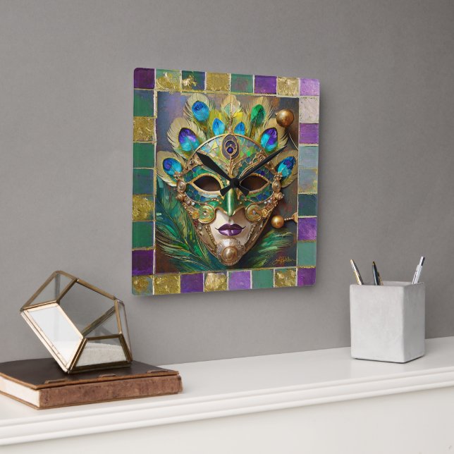 Horloge Carrée Mardi Gras Gold Ceramic Peacock Feature Masque (Bureau)