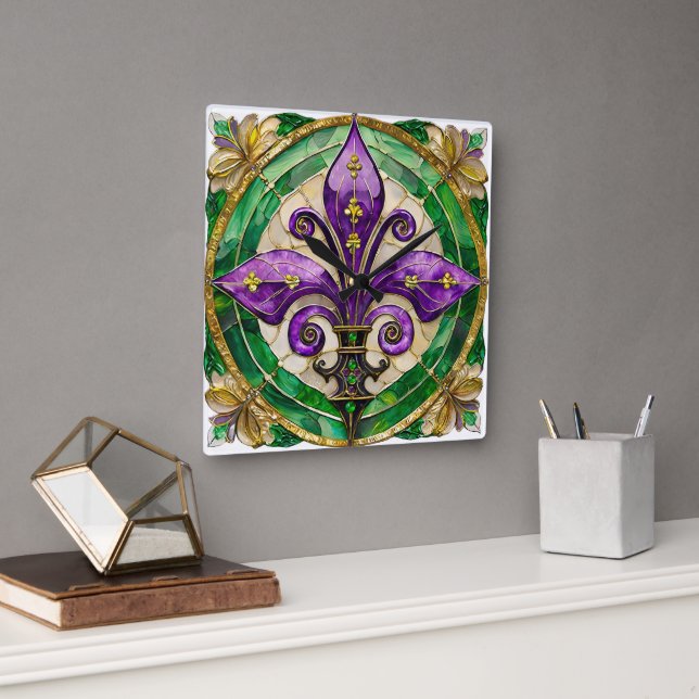 Horloge Carrée Mardi Gras Vitrail Fleur de lis (Bureau)