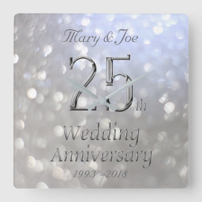 Horloge Carrée Mariage d'argent 25e anniversaire Bokeh (Recto)