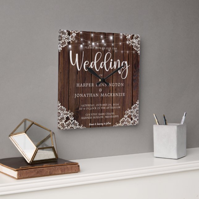 Horloge Carrée Mariage de dentelle en bois rustique (Bureau)
