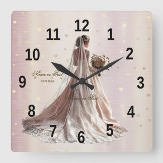 Horloge Carrée Mariage d'hiver Rose Mariée Partie Cœur Doré Brill