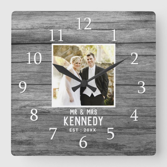 Horloge Carrée Mariage personnalisé rustique Anniversaire Photo B (Recto)