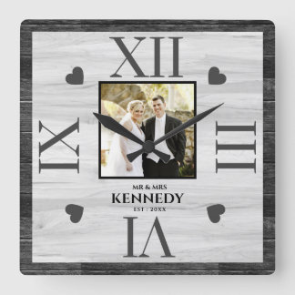 Horloge Carrée Mariage photo en bois noir