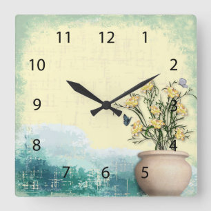 Horloge Carrée Mariage vintage de pot et de papillon de fleur