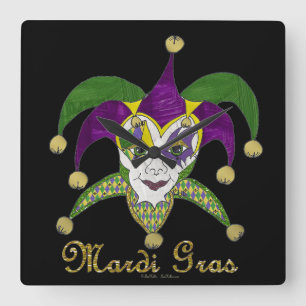 Horloge Carrée Masque coloré Mardi Gras Jesters