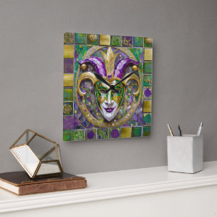 Horloge Carrée Masque Mardi Gras Jester Vert Or