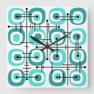 Horloge Carrée MCM Abstrait Motif du milieu du siècle Turquoise