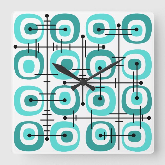 Horloge Carrée MCM Abstrait Motif du milieu du siècle Turquoise (Recto)