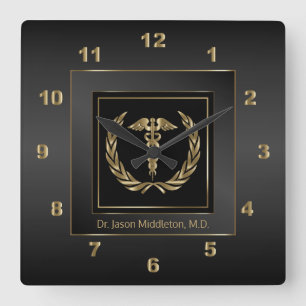 Horloge Carrée Médecin Médicale - Noir et Or