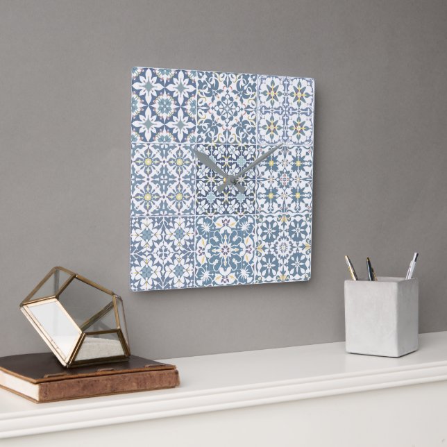 Horloge Carrée Mediterranean Tiles, Moroccan, Majolica, Azulejo (Bureau)