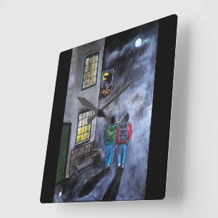 Horloge Carrée Méfiez-vous de la Lune Peinture d'Alfred Fox