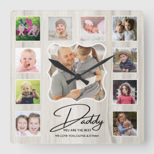 Horloge Carrée Meilleur papa 11 ans Collage photo Bois rustique
