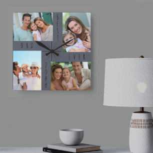 Horloge Carrée Meilleur papa Ever 4 Photo Collage Gris