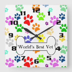 Horloge Carrée meilleur vétérinaire du monde Colorful Pet Paws