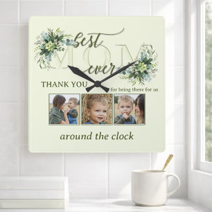 Horloge Carrée Meilleure Maman Collage Photo de Feuillage Personn