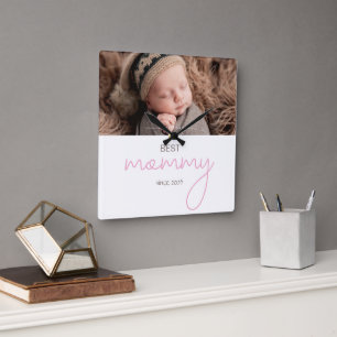 Horloge Carrée Meilleure Maman Depuis Photo Rose Écriture Cœur Dé