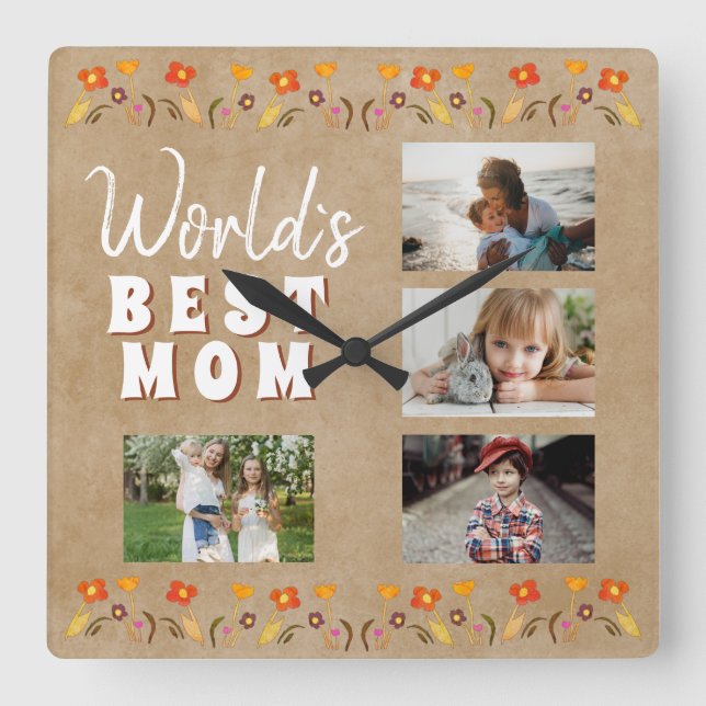 Horloge Carrée Meilleure maman Fleurs Floral Rustic Photo (Recto)