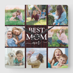 Horloge Carrée Meilleure Maman Jamais Famille Collage Photo Rusti