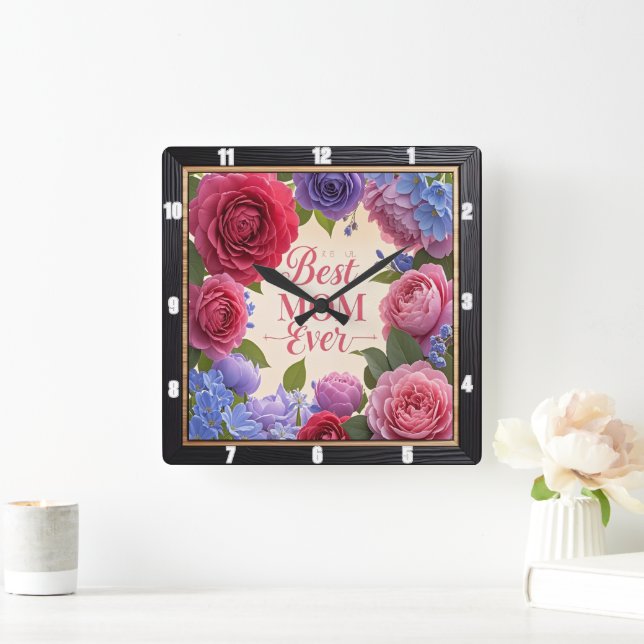 Horloge Carrée Meilleure maman jamais florale (Maison)