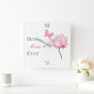 Horloge Carrée Meilleure Maman Papillon, Fête des Mères, Annivers