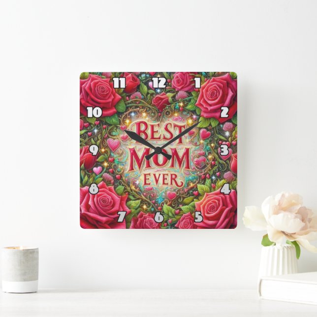 Horloge Carrée Meilleure maman : Roses, Coeurs, Golden Glow (Maison)