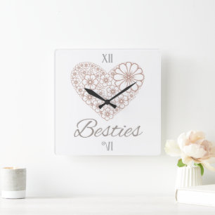 Horloge Carrée Meilleures amies Fleur neutre Cœur, Cadeau d'amiti